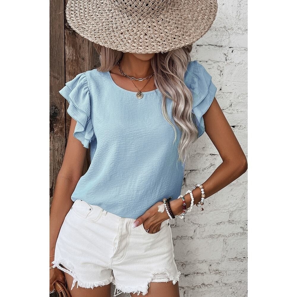 Mist Blue Ruffled Short Sleeve Top New Size Large - Picture 8 of 8